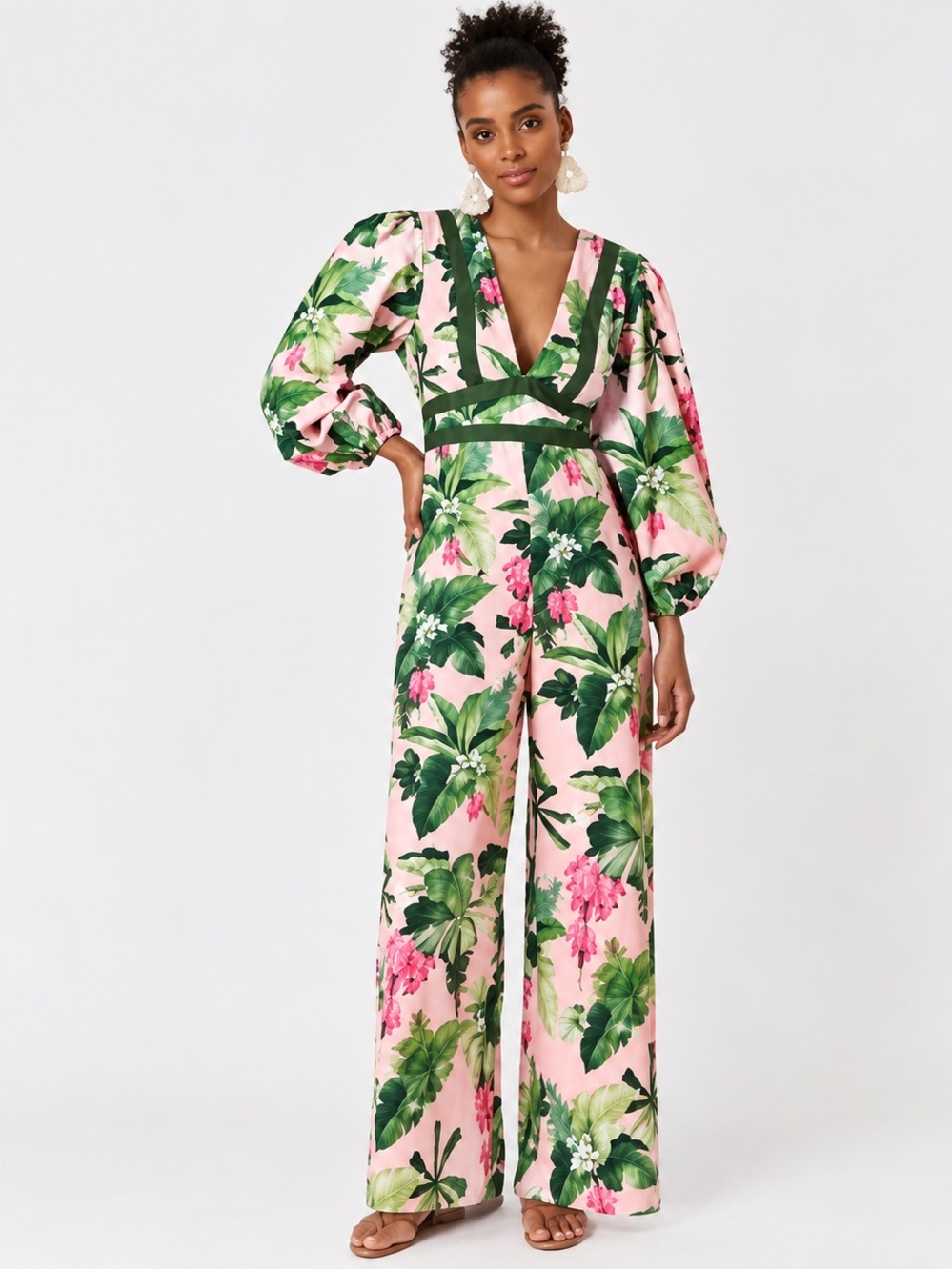 Farm Rio Anthropologie Deep V Neck Jumpsuit Tropical Floral Wide Leg Size Medium